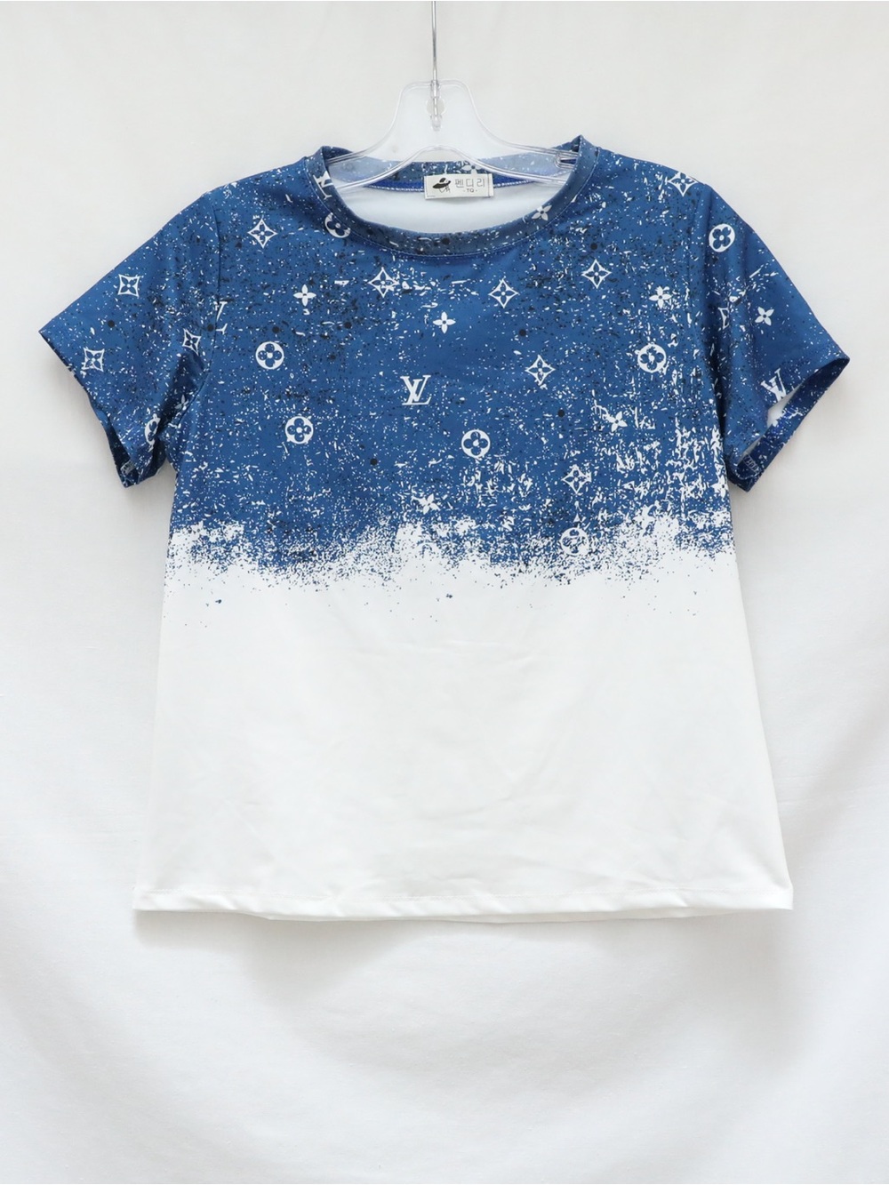 Blue designer logo t-shirt white print short sleeve women’s top